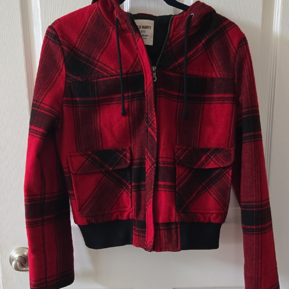 Old Navy Red and Black Plaid Hooded Jacket